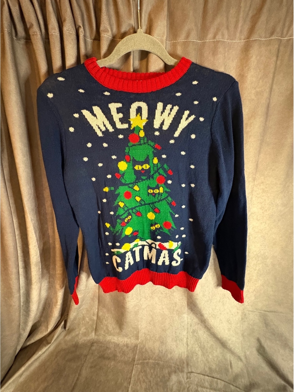Well Worn Meowy Catmas Cat Christmas Sweater Navy Red Size L